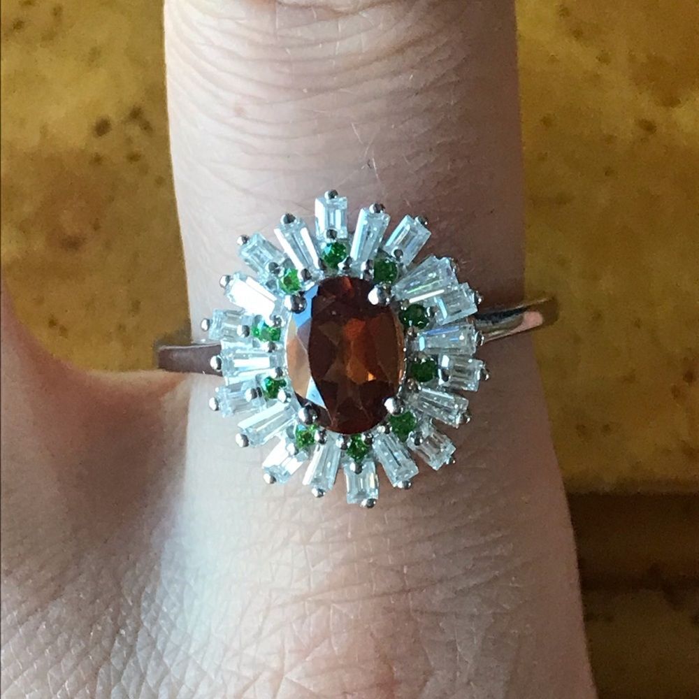 Natural Orange Garnet Moissanite Sterling Silver Ring Size 9